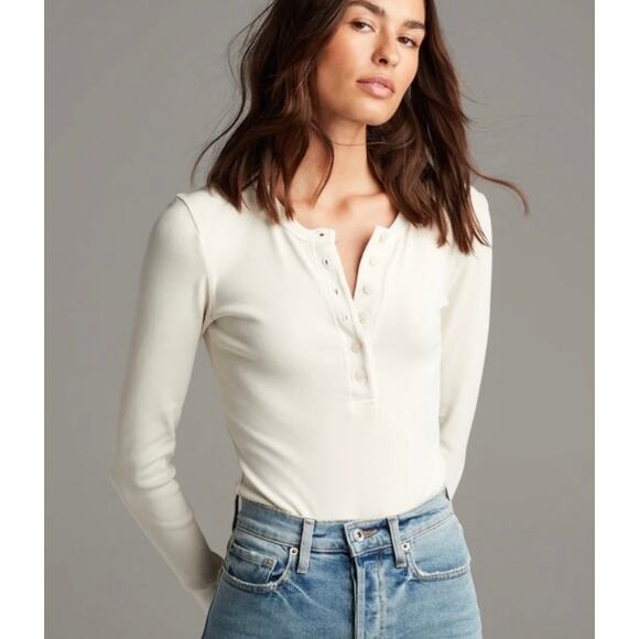Rowan Henley Cotton Thermal Fitted Long Sleeve Thong Bodysuit Vintage White - S - Picture 1 of 14